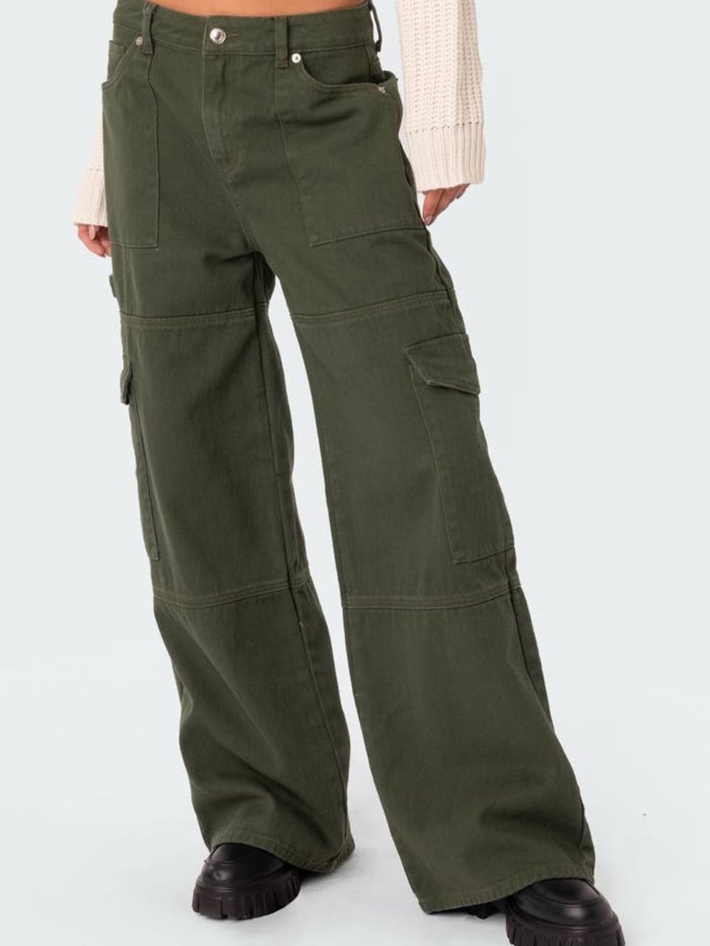 Edikted Ember Green Wide Leg Cargo Pants Women Button Zip Cotton Twill Pockets